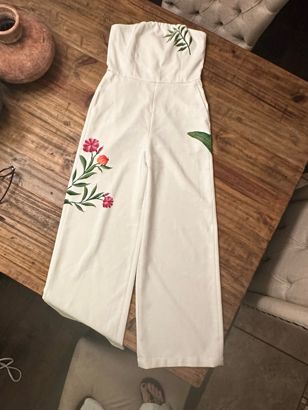 MOTF White Strapless Wide-Leg Jumpsuit with Pink Floral & Green Leaf Motifs